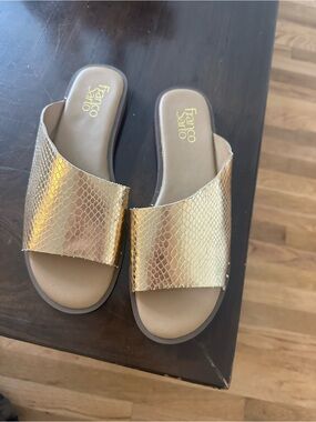 Franco Sarto Gold Slide Sandals with Snakeskin Texture